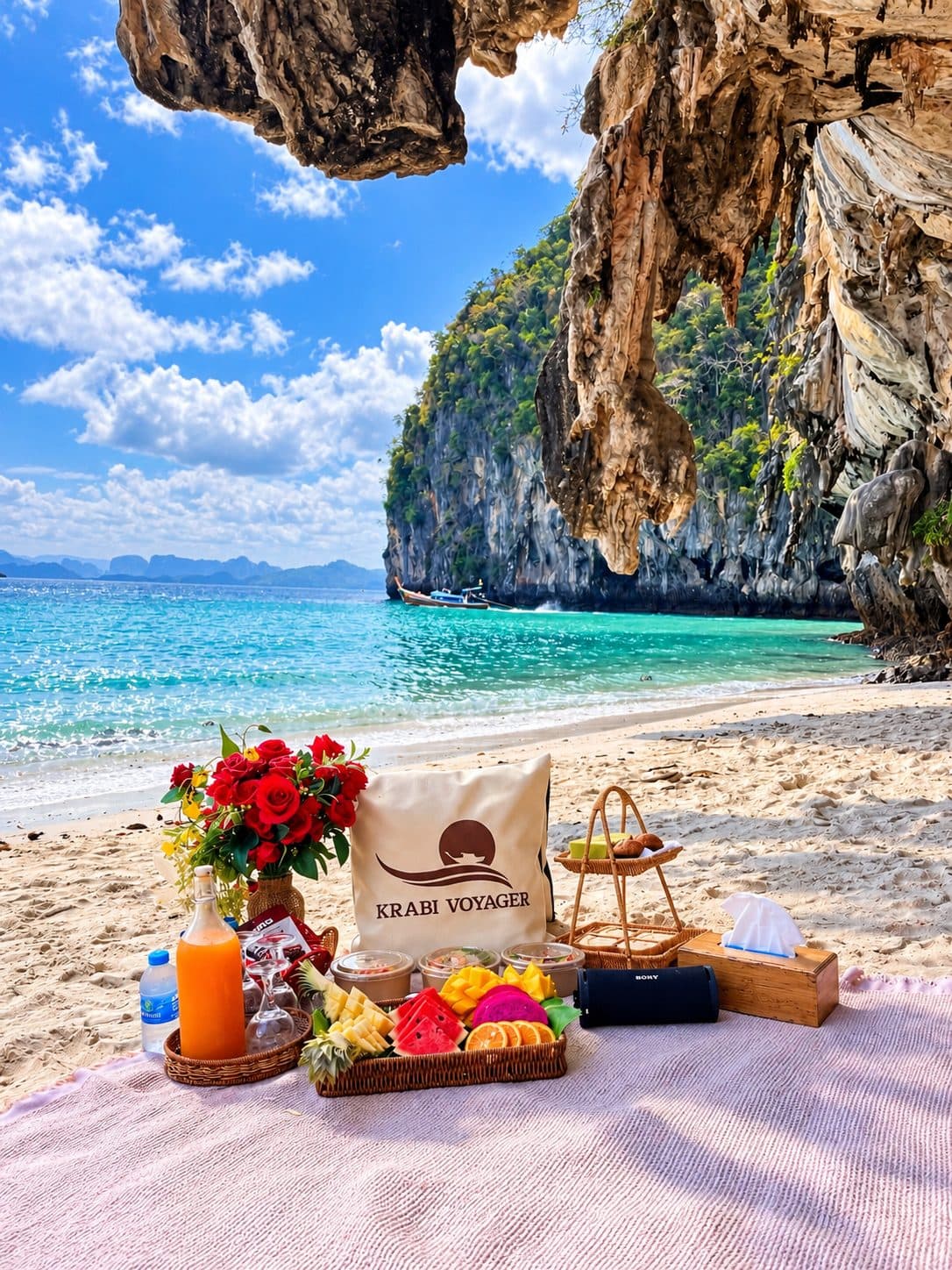 A Krabi Voyager beach picnic with fresh fruit, juice and flowers below the cliffs