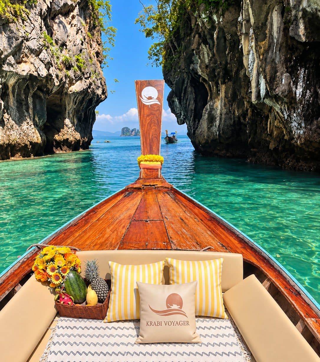 View from the bow of a Krabi Voyager longtail: cushioned seats, a Krabi Voyager pillow and a fruit basket, sailing between limestone cliffs